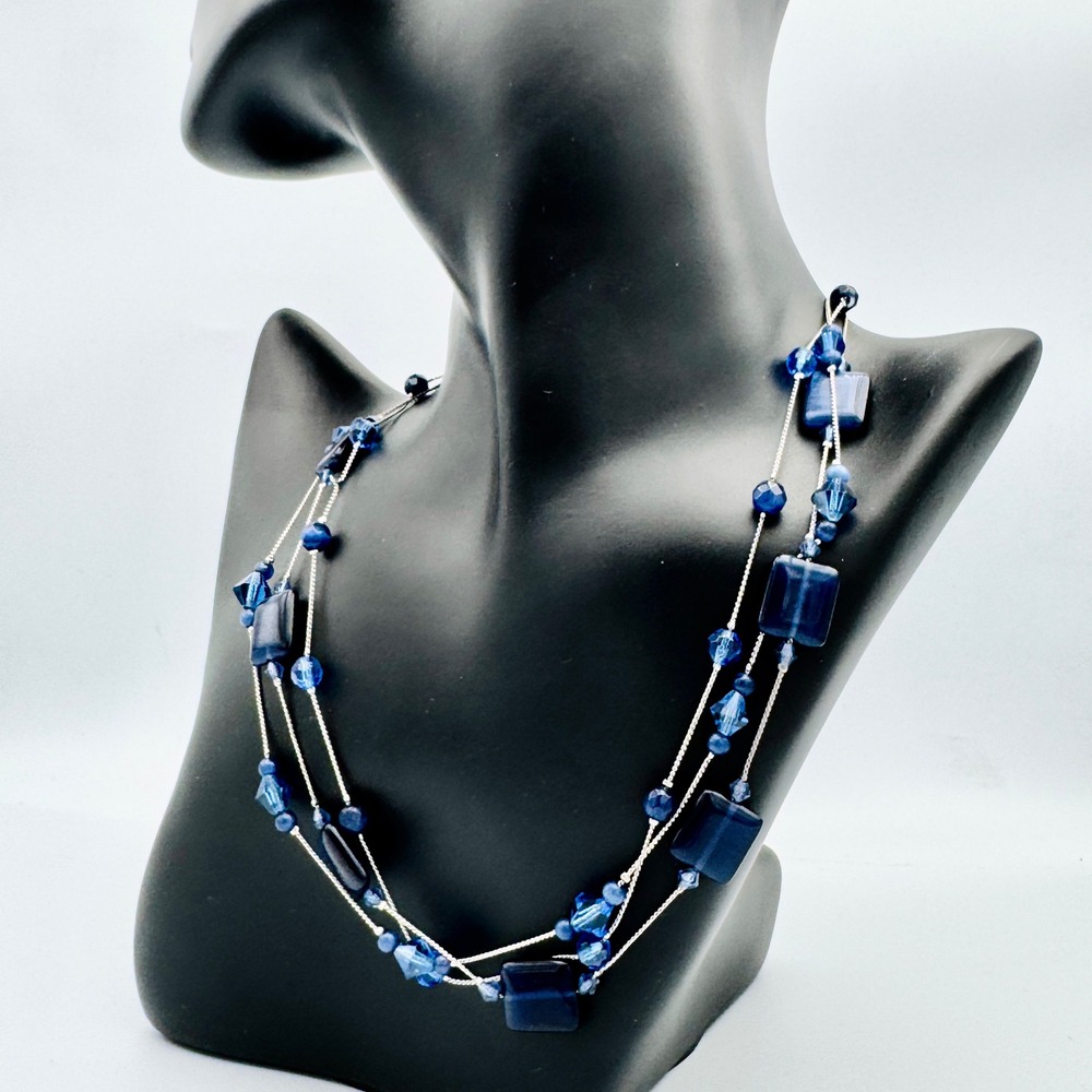 Lia Sophia Blue Multi Strand Beaded Necklace Silver Tone Layered Boho 18.5 in‎
